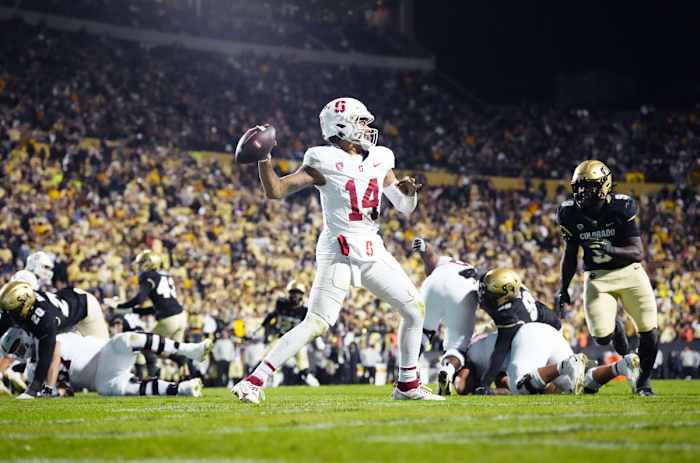 Oct 13, 2023; Boulder, Colorado, USA; Stanford Cardinal quarterback Ashton Daniels (14) prepares to pass in the third quarter against the Colorado Buffaloes at Folsom Field. Mandatory Credit: Ron Chenoy-USA TODAY Sports